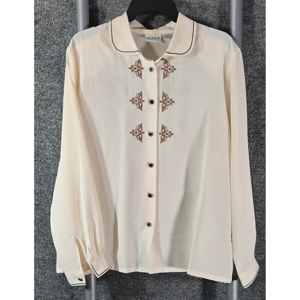Koret Petites Cream Embroidered Button Up Blouse Shoulder Pads Size 16 AM957